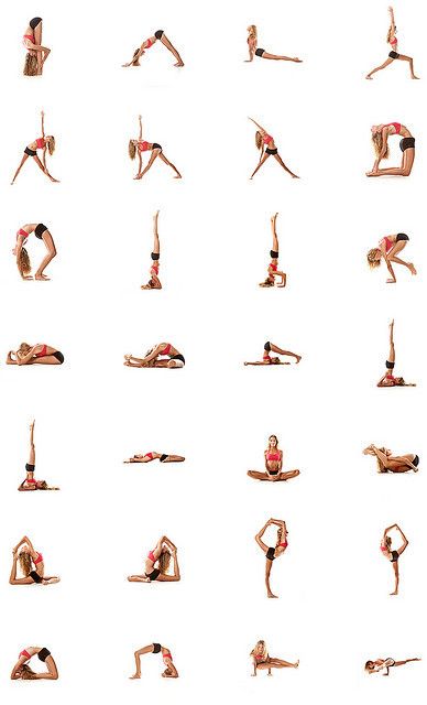 Infographic with 28 small pictures depicting a woman holding different yoga poses.